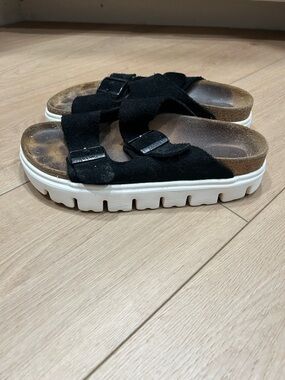 Birkenstock Papillo Arizona Platform Slip On Sandals Black Suede Leather Size 38